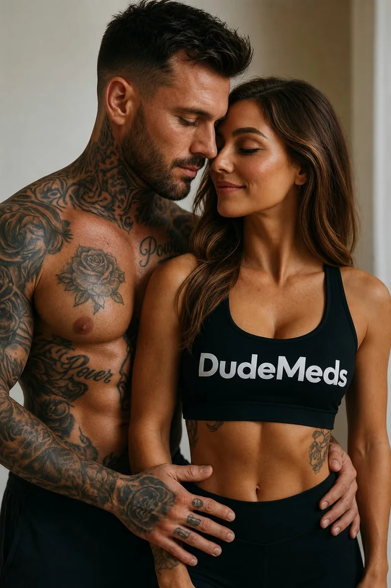 An adult man and woman embracing in a DudeMeds campaign image.