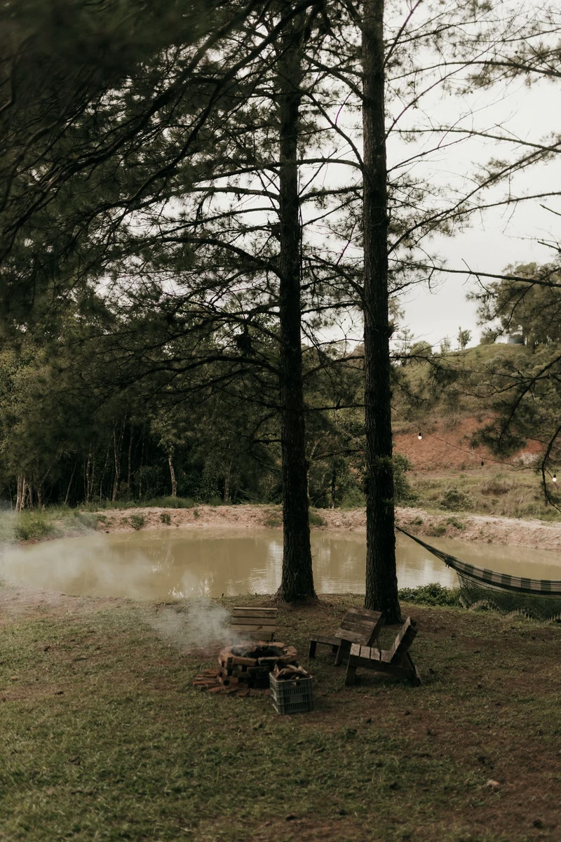Chairs beside a fire pit at a quiet lakeside campsite.